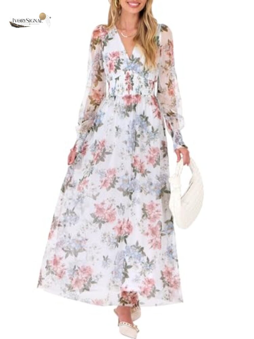 Women's Floral Tulle Maxi Dress Long Sleeve V-Neck Puff Sleeve Wedding Guest